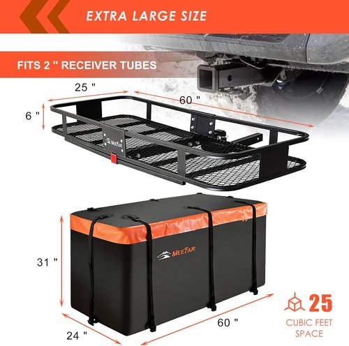 **Hitch Mount Cargo Carrier Basket by [Brand Name] - 500 Lbs Capacity, Waterproof Bag & Accessories | 60"x25"x6"**