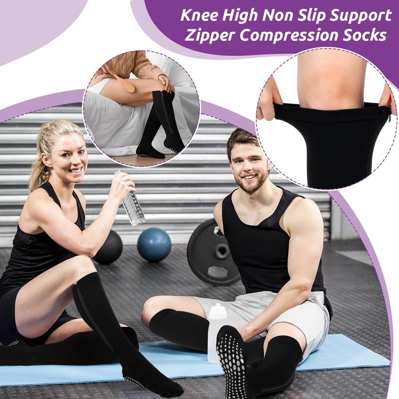 Shyyween 3 Pairs Zipper Compression Socks Non Slip Grip for Men Women 15-20mmhg Knee High Socks for Nurse Pregnant Swelling(L,Black)