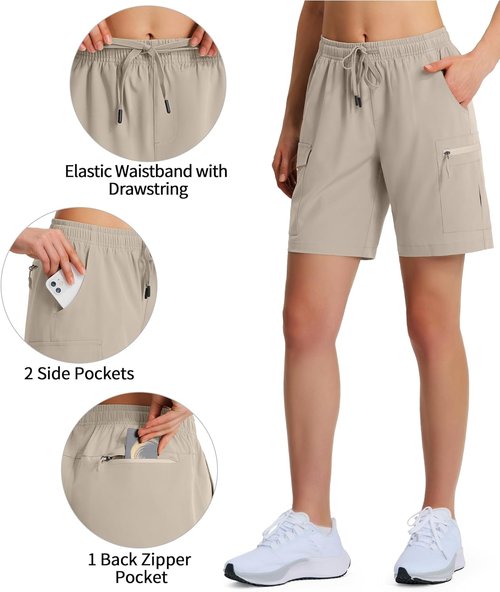 Ksmien Women's Hiking Cargo Shorts - Lightweight Quick-Dry Summer Shorts with Zipper Pockets | Ideal for Travel & Golf