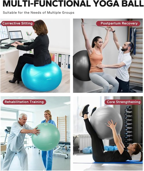 HAPBEAR Exercise Ball - Anti-Burst Yoga & Pilates Ball for Core Training | 22''/26''/30'' Sizes, Quick Pump & 3 Resistance Bands Included