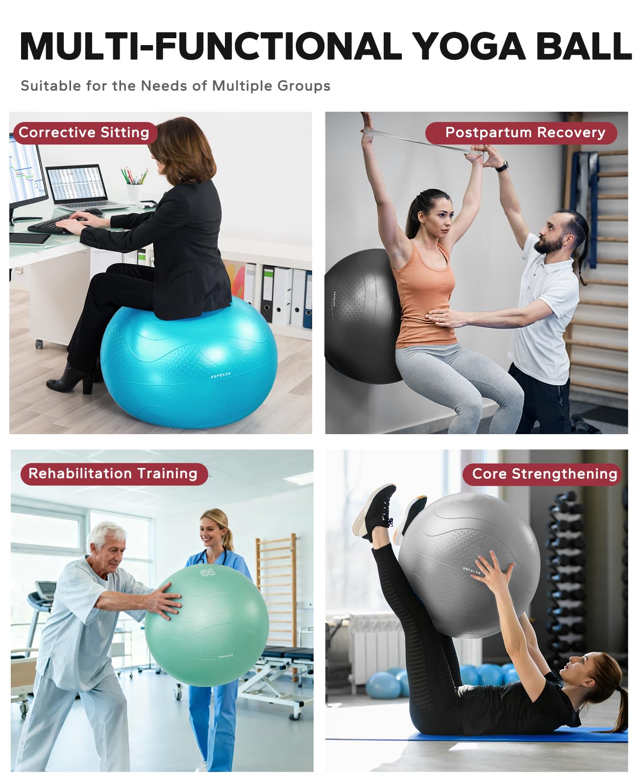HAPBEAR Exercise Ball - Anti-Burst Slip-Resistant Yoga/Pilates Ball for Core Training & Posture Improvement, Home Gym/Rehab/Pregnancy Ball, Quick Pump & 3 Resistance Bands Included