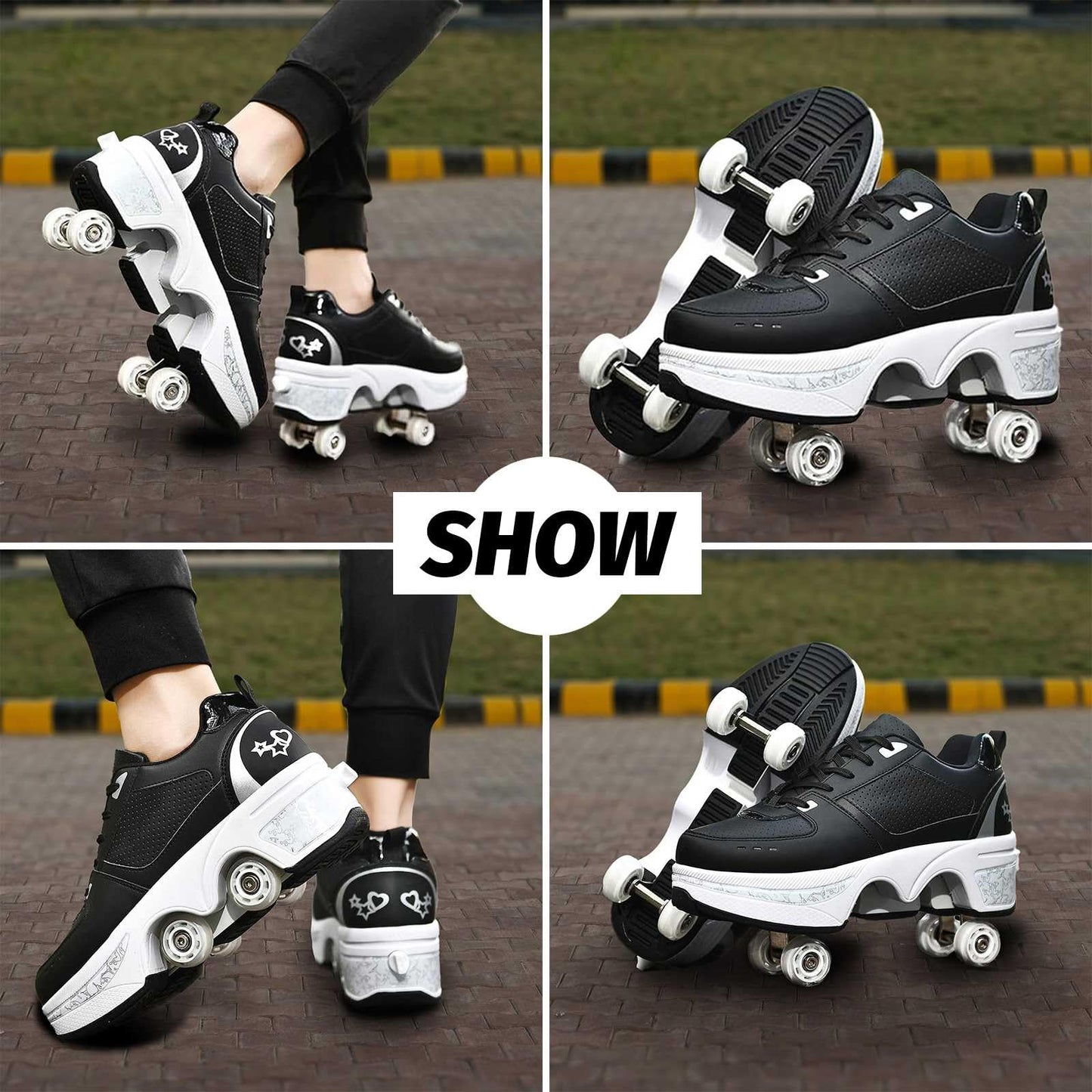 UonrvaoN Roller Skate Shoes for Men, Double-Row Deform Wheel Automatic Walking Shoes, Retractable Roller Skate, Shoes with Wheels, Skating Shoes for Outdoor Fun & Fitness Black Silver, 6.5
