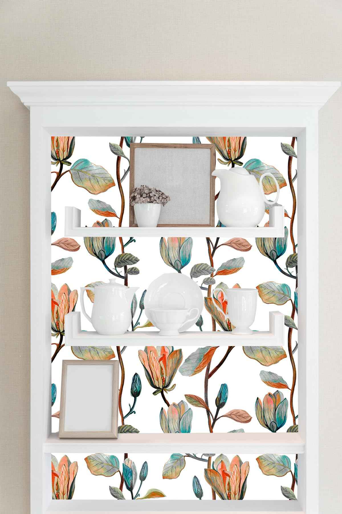 MIAHOME Magnolia Floral Leaf Peel and Stick Wallpaper Vintage Contact Wall Paper Modern Botanical Self Adhesive Vinyl Removable Renter Friendly Leaves Wallpaper 17.7in x 9.8ft