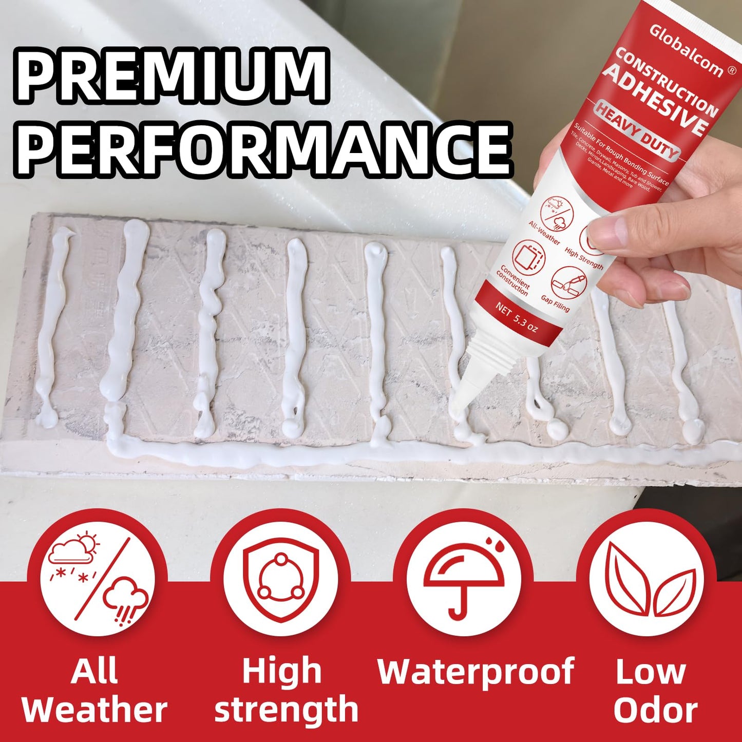 Globalcom Heavy Duty Construction Adhesive, Tile and Stone Marble Granite Wood Floor Adhesive, Gap Filling and Waterproof - 5.3 oz White