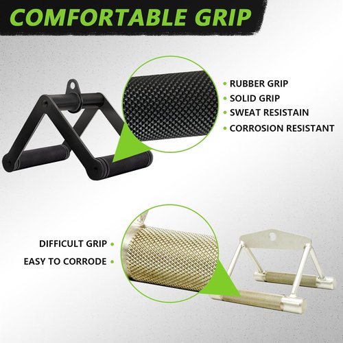 Double D Row Handle | Cable Attachment for Weight Training - Steel with Non-Slip Grip (Black)