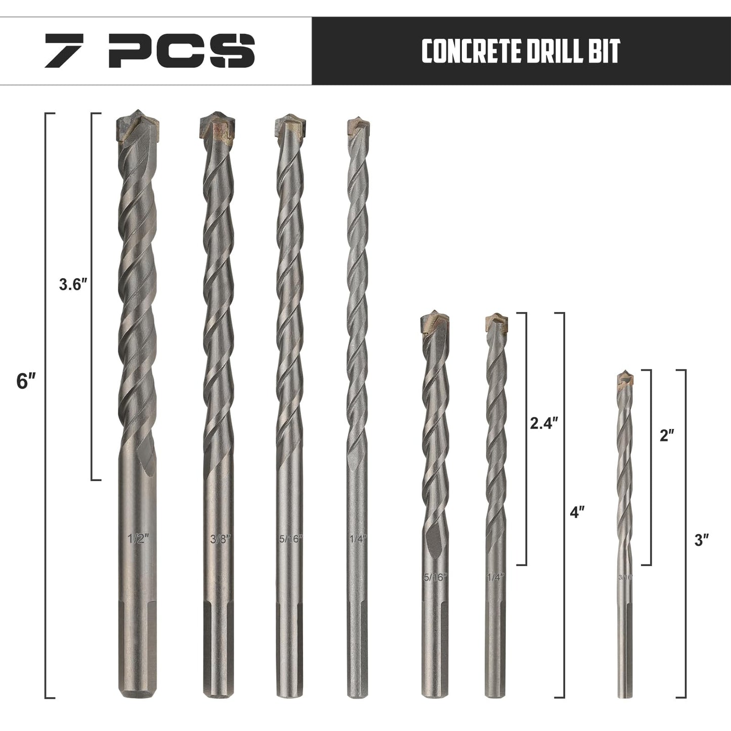 COMOWARE Concrete Drill Bit Set 7pcs, 3/16"-1/2", Masonry Drill Bit Set Carbon Steel,Carbide Tip,Triangle Shank for Brick, Masonry,Rock, Ceramic Tile, Cement Concrete