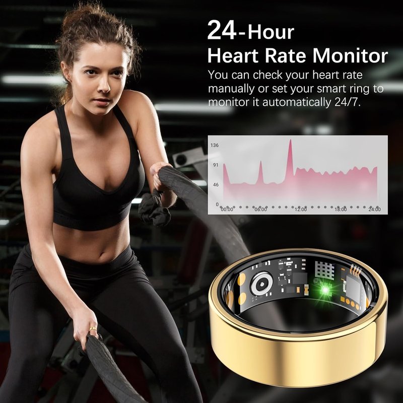 Ring Health Tracker for Women Men, Fit Ring with Heart Rate, Blood Oxygen, Sleep Monitor, Calories, Step Counter, IP68 Waterproof Smart Ring for iPhone & Android, No Subscription Fee (Gold, 10#)