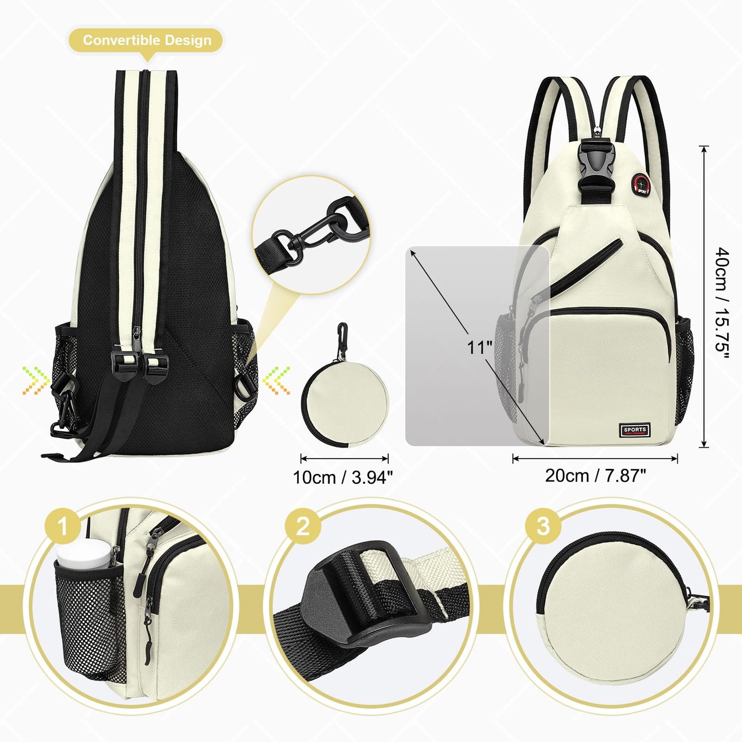SUIKIHUM Convertible Sling Bag with Coin Pocket, 11" Tablet Crossbody Mini Backpack with Headphone Jack Casual Pack for Women Men Travel, White