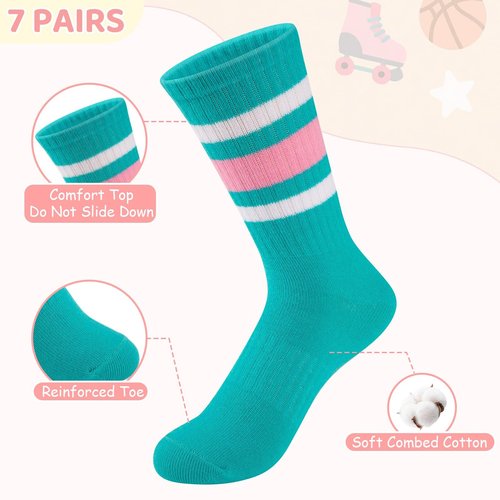 Comfoex Girls Crew Socks Kids Athletic Calf Socks 7 Pairs Soft Cotton & Casual Stripe for Children 8-10 10-12 Years Old