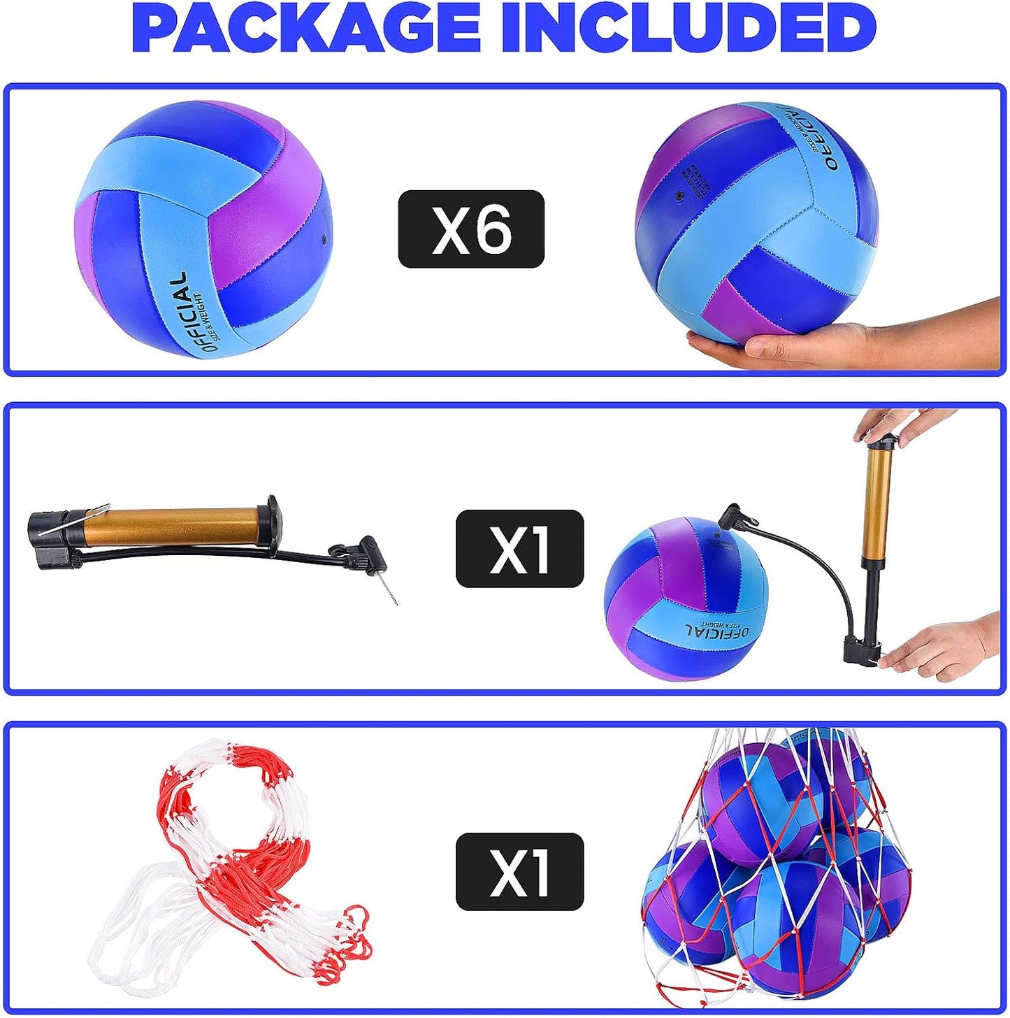 Skiennix Volleyballs - Official Size 5 Soft Recreational Balls with Pump & Net Bag - 6 Pack, Purple/Blue