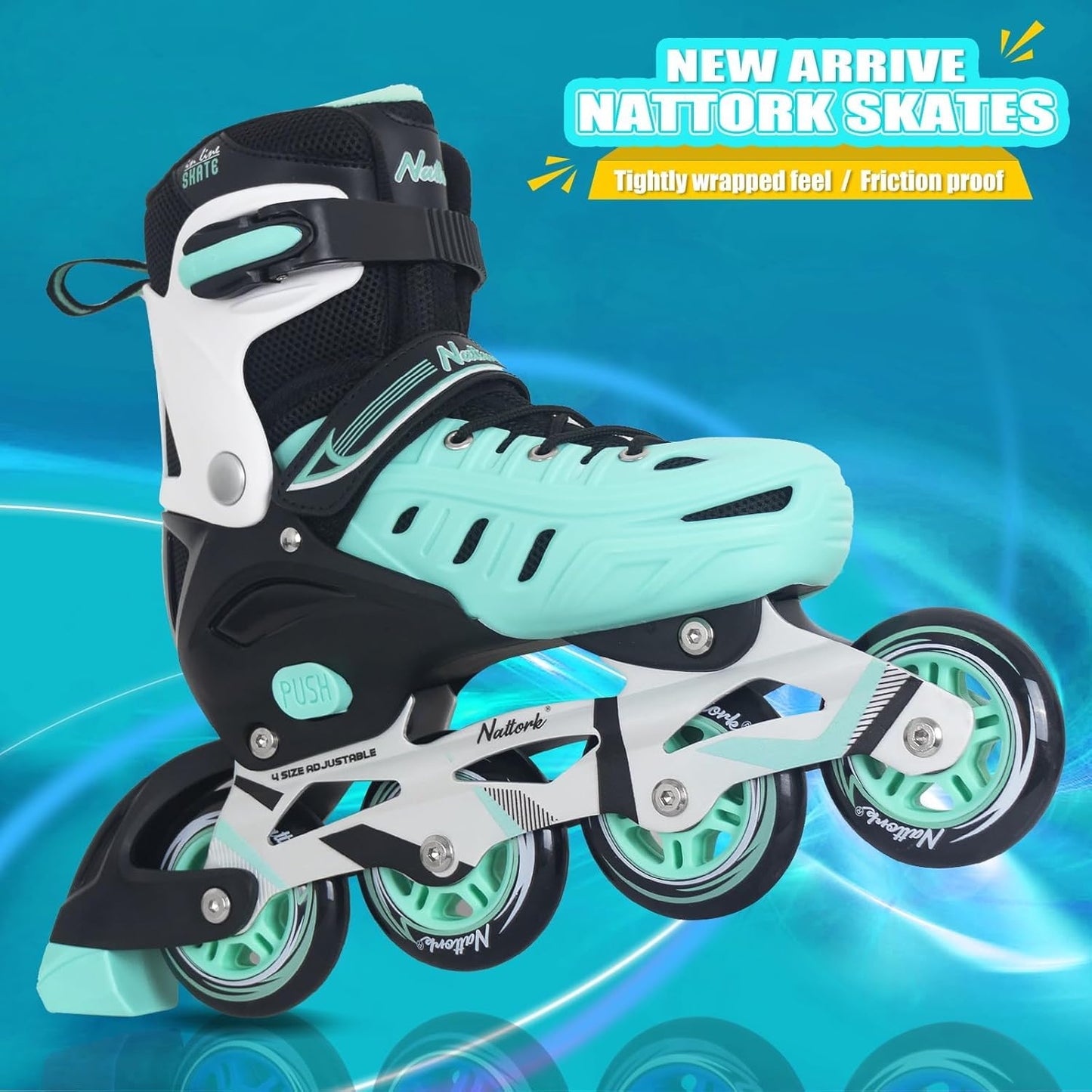 Teal Inline Skates for Youth Girls Women, 4 Sizes Adjustable Blades Roller Skates with Ankle Support, Adjustable Strap, 84mm Wheels and Soft Boot Fit for Skating, Roller Derby, Street Hockey