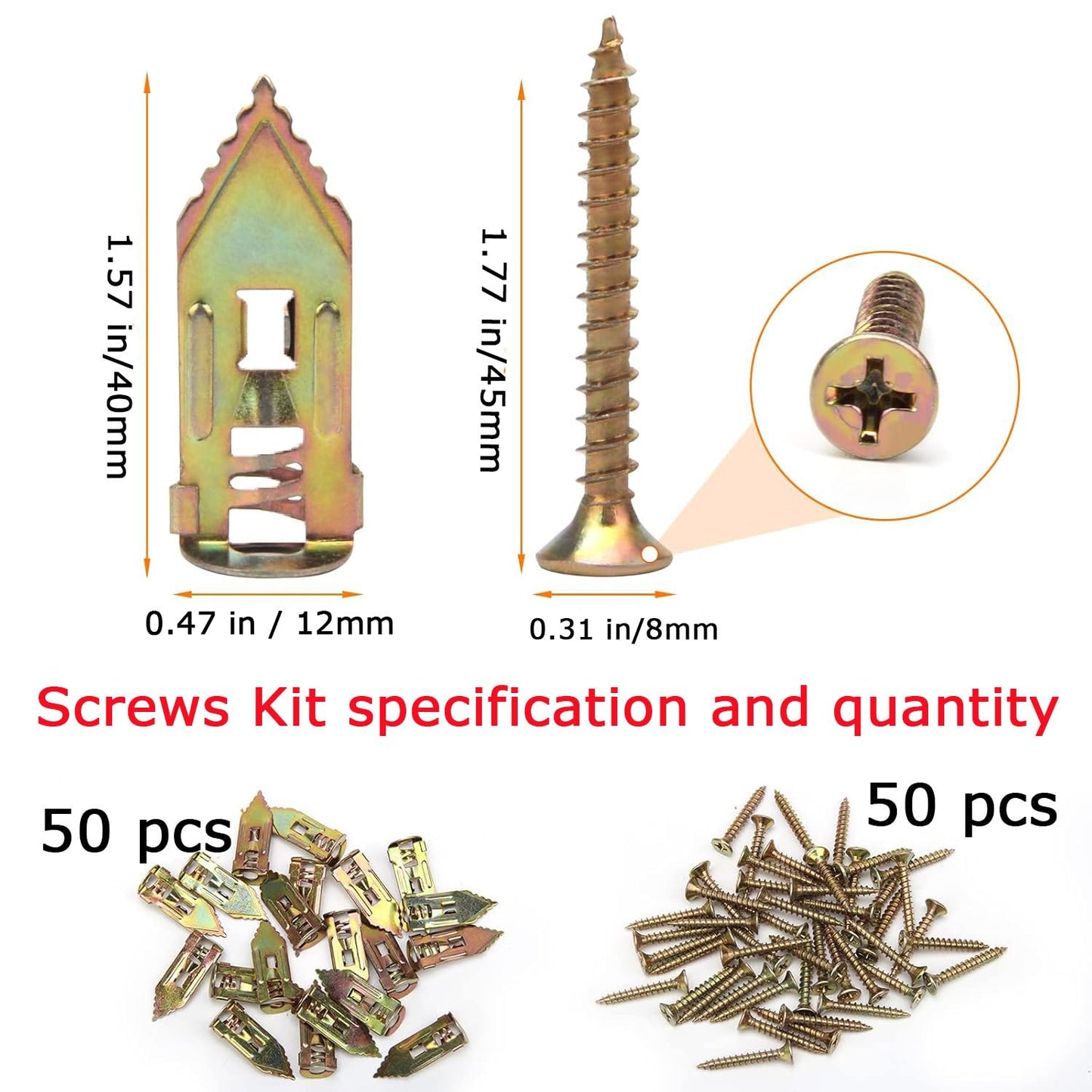 100Pcs Self Drilling Drywall Anchors, Metal Expansion Bolt for Drywall No Drilling Required, for Hanging Sheetrock (50PCS Steel Anchors and 50PCS Zinc Screws)