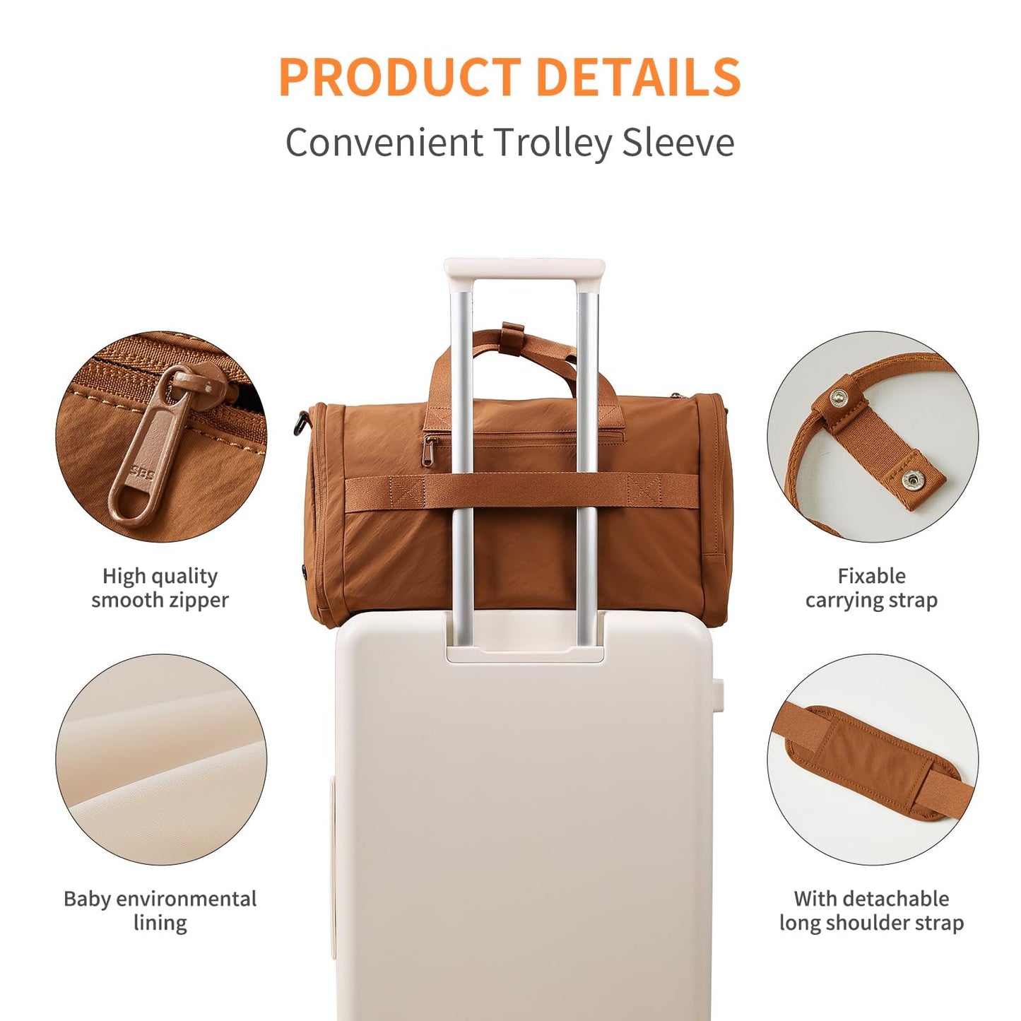 Aji Foldable Gym Bag for Women Men with Shoes Compartment, 3 in 1 Carry on Travel Duffel Bag with Trolley Sleeve, Lightweight&Water Resistant Duffel Bag for Travel, Sports, Fitness&Workout,Warm Brown