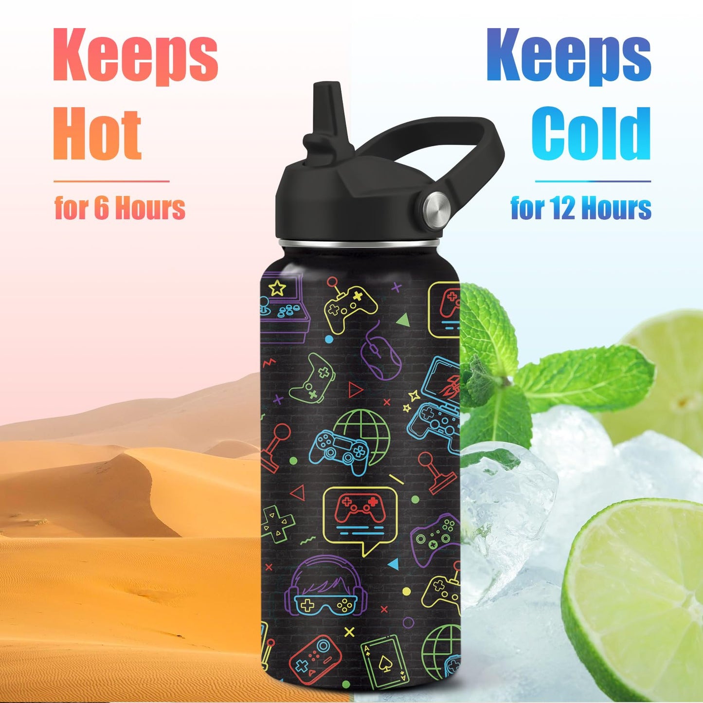 CGMIBAS Gamer Water Bottle 32oz - Insulated Stainless Steel with Straw, Leak Proof Lid - Ideal Gaming Gifts for Kids Boys Teens - BPA-Free Sports Bottle for School, Travel & Gaming