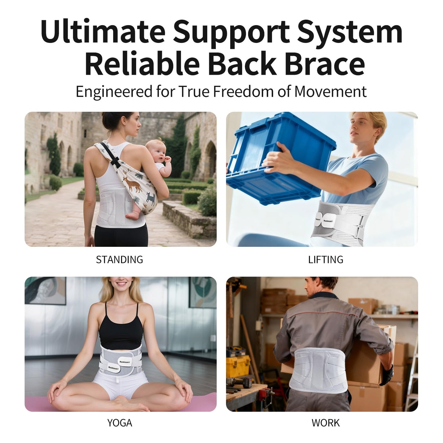 RockloookY Lower Back Brace for Women Men, Adjustable Lumbar Support with 3D Pad, Breathable Ergonomic Support Belt with Metal Stays for Work, Lifting, Drive, Grey,Size M,Waist 31"-38"