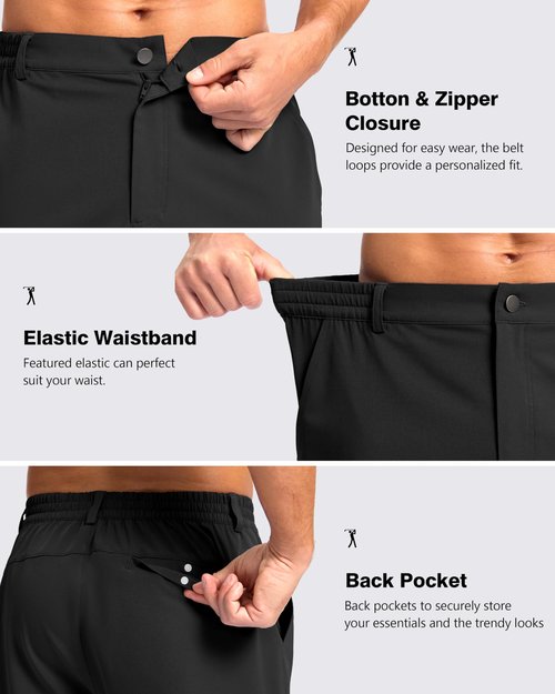 Pudolla Men's Casual Shorts 9" Lightweight Golf Shorts with 3 Pockets Stretch Quick Dry Comfy Work Shorts（Black 9_L