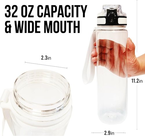 Clear Plastic Water Bottle - 32oz Leak-Proof Chug Lid | Reusable Flip Top for School, Office, Gym