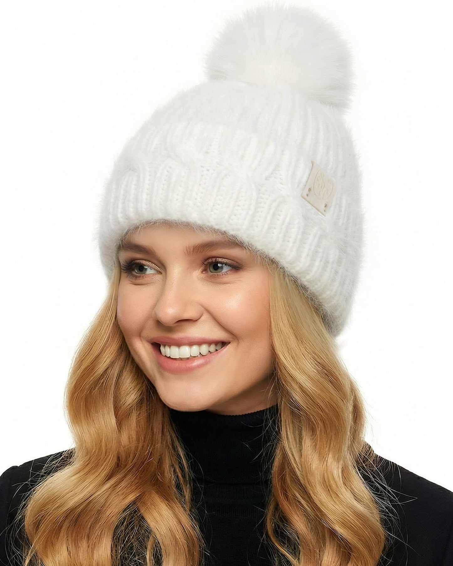 Ababalaya 100% Real Angora Rabbit Hair Knit Beanie with Real Fox Hair Pom Pom, Warm Winter Chunky Hat, Double Cuffed Cap Soft Fuzzy Knitted Skull Beanies,White
