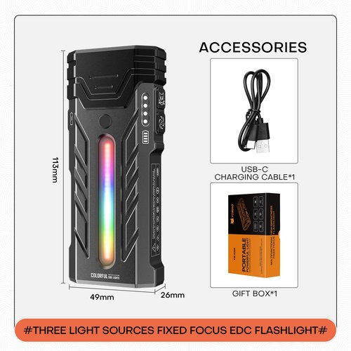 EDC Rechargeable Flashlight 3250 Lumens with RGB Light,55 Modes Multifunctional Flat Flashlight with Floodlight,Spotlight and Magnetic Base,Waterproof USB C Flashlight for Camping,Home,Emergencies