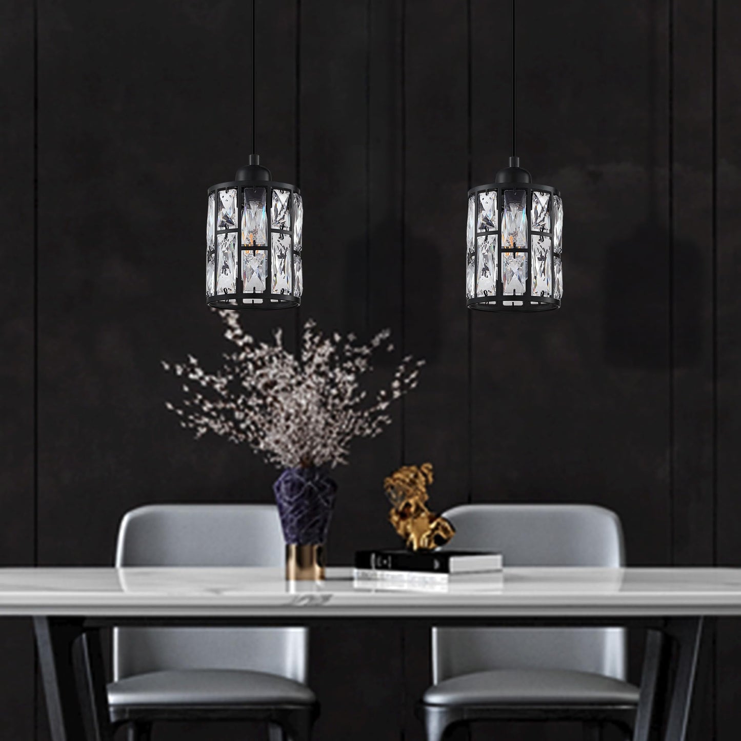 2 Pack 1 Light 5.3" Crystal Hanging Kitchen Island Pendant Light Black Finish,Concise Pendant Fixture Crystal Plate Metal Shade for Bar,Dining Room,Living Room Over Sink