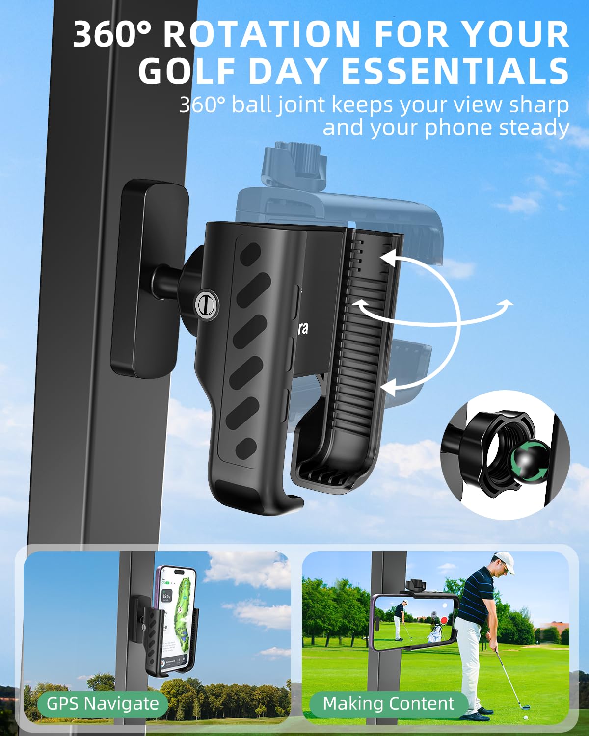 Omnqira Magnetic Golf Cart Phone Holder, Sturdy Aluminum Mount with 6X N52 Magnets & Quick-Lock Knob, 360° View for EZGO, Club Car, Yamaha, Golf Gifts for Men & Dad