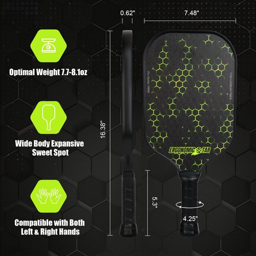 Ergonomicstar Pickleball Paddles Set of 2, T700 Carbon Fiber Face & 16mm Honeycomb Core Pickleball Paddle with 4 PickleBalls 2 Grip Tapes Carry Bag, Indoor Outdoor, Gift for Men Women(Green Texture)
