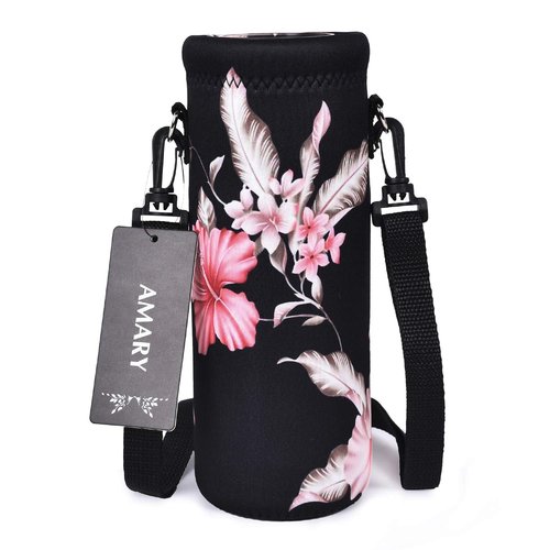 AMARY 500ML Neoprene Water Bottle Carrier Bag with Adjustable Shoulder Strap,Insulated Water Bottle Cover for Stainless Steel/Glass/Plastic Bottles 16.9OZ (Flowers-3)