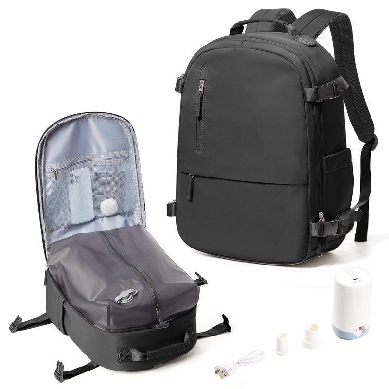 SEAFEW Black Vacuum Travel Backpack with Electric Pump, Carry on Backpack Flight Approved for Women, Casual Daypacks Cabin Bagage, Hiking Backpack Lightweight Rucksack with USB Charger