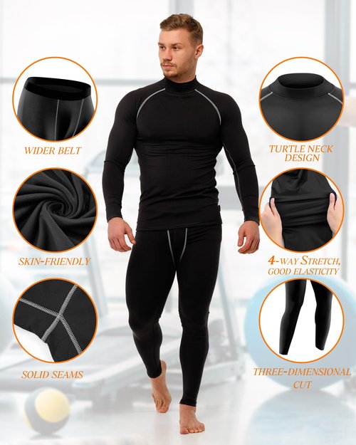 Hicarer 4/6 Set Men's Compression Shirts Pants Long Sleeve Base Layer Set Thermal Underwear for Men Running Gym Yoga Sports(6 Set,Dark Colors,Large)