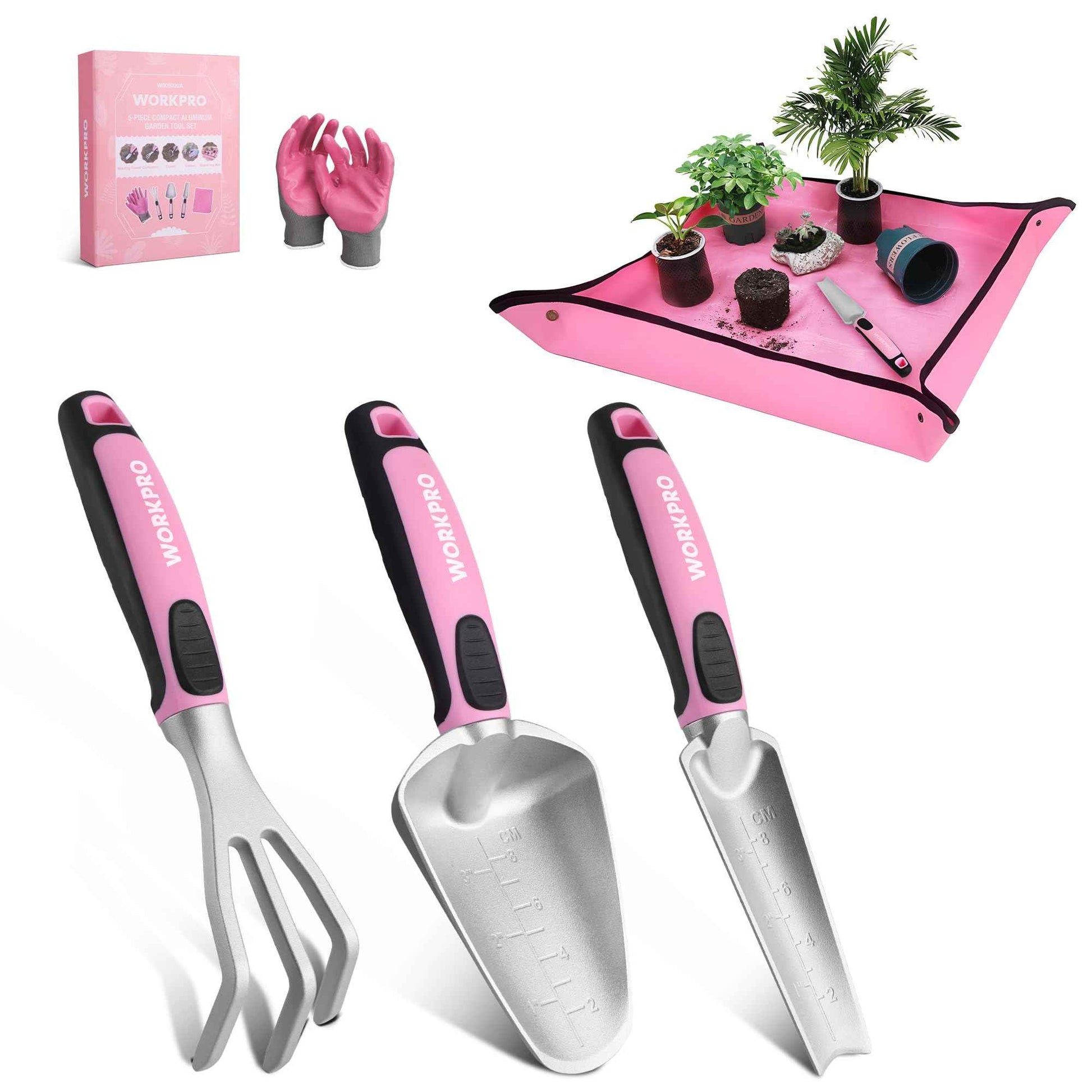 WORKPRO 5PCS Garden Tool Set, Powder Coating Compact Aluminum Gardening Tool Set with Repotting Mat, Outdoor Garden Hand Tools, Ideal Gardening Gift, Pink Ribbon