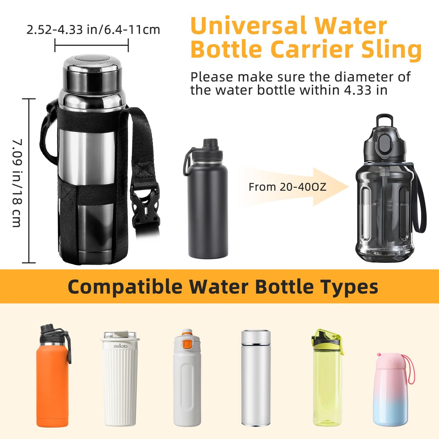 Nuovoware Water Bottle Holder With Strap, 2 Pack Elastic Water Bottle Sling Bag for 20-40 Oz, Lightweight Crossbody Bag With Shoulder Strap for Walking Hiking Camping Traveling, Black+Black