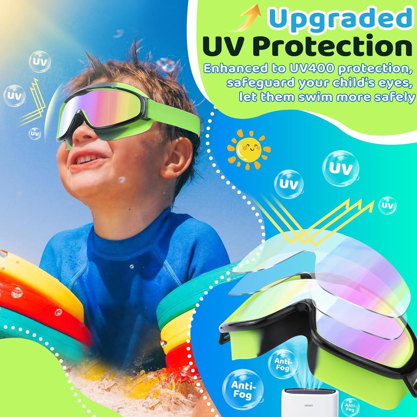 Vvinca Kids Swim Goggles - Wide View Anti-Fog & UV Protection | Comfortable Fabric Strap for Ages 3-14