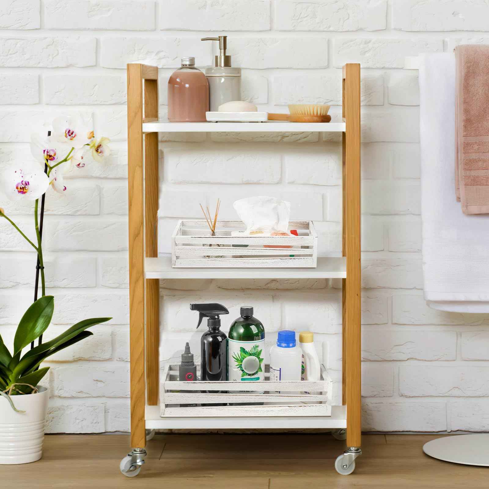 Noamus 2 Pack Bathroom Decor Box, 16" 15" Wooden Toilet Paper Holder, White Toilet Storage Basket, Toilet Tissue Tray with Handles for Home Decor, Tank Topper, Bathroom Kitchen Counter