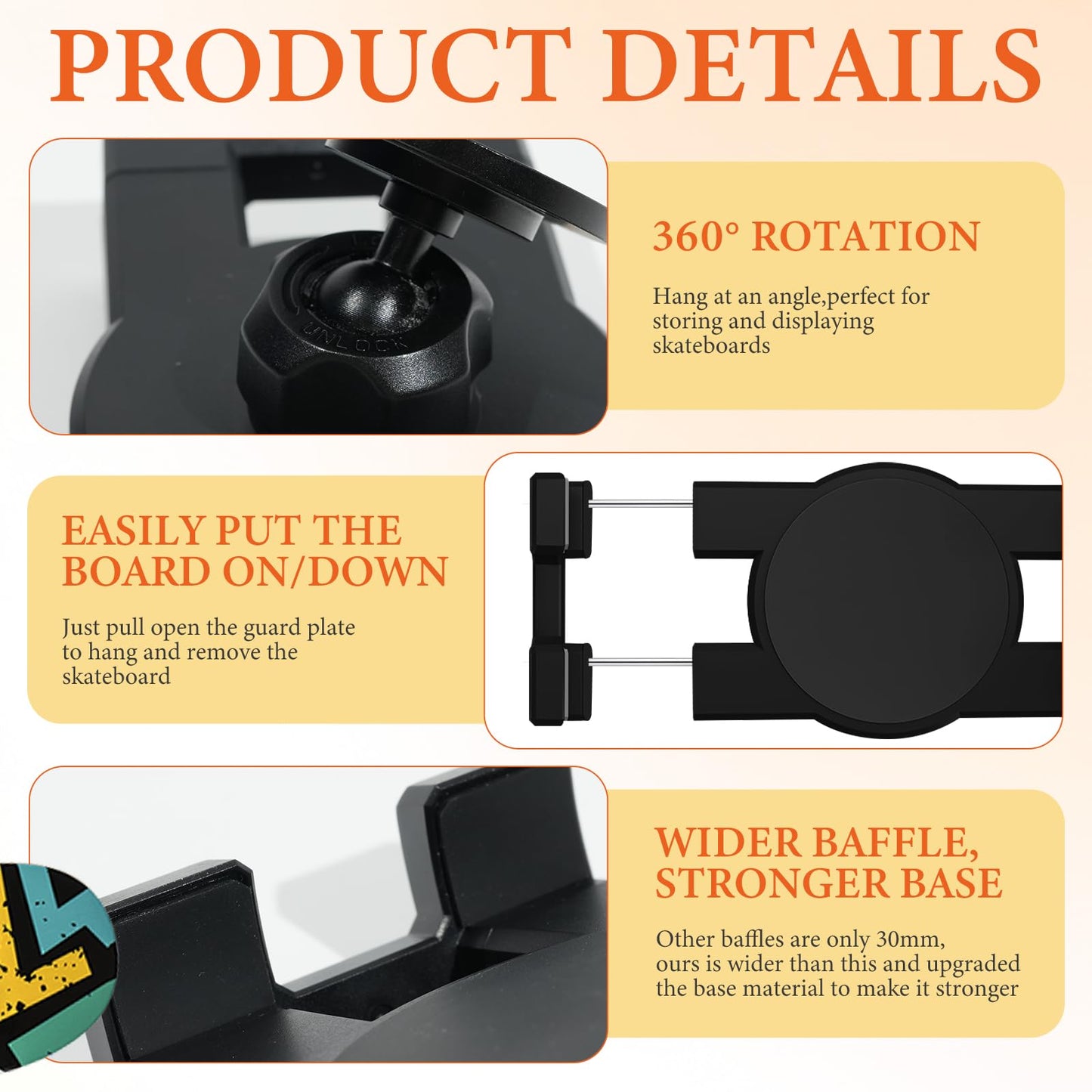 DRABPOI Skateboard Decks Wall Mount 360° Rotating Skateboard Wall Hanger, Universal Skate Wall Mount Horizontal Any Angle Extending Floating Display Hanger Grab (3PCS Wall Hanger) (3PCS Wall Hanger)