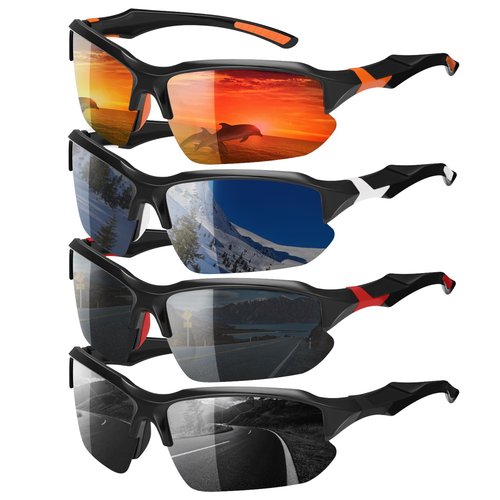 GGSTDDUP 4 Pack Polarized Sports Sunglasses for Men & Women | UV Protection Lightweight Wraparound Sunglasses for Cycling, Driving, Fishing, Running, black+white+red+orange