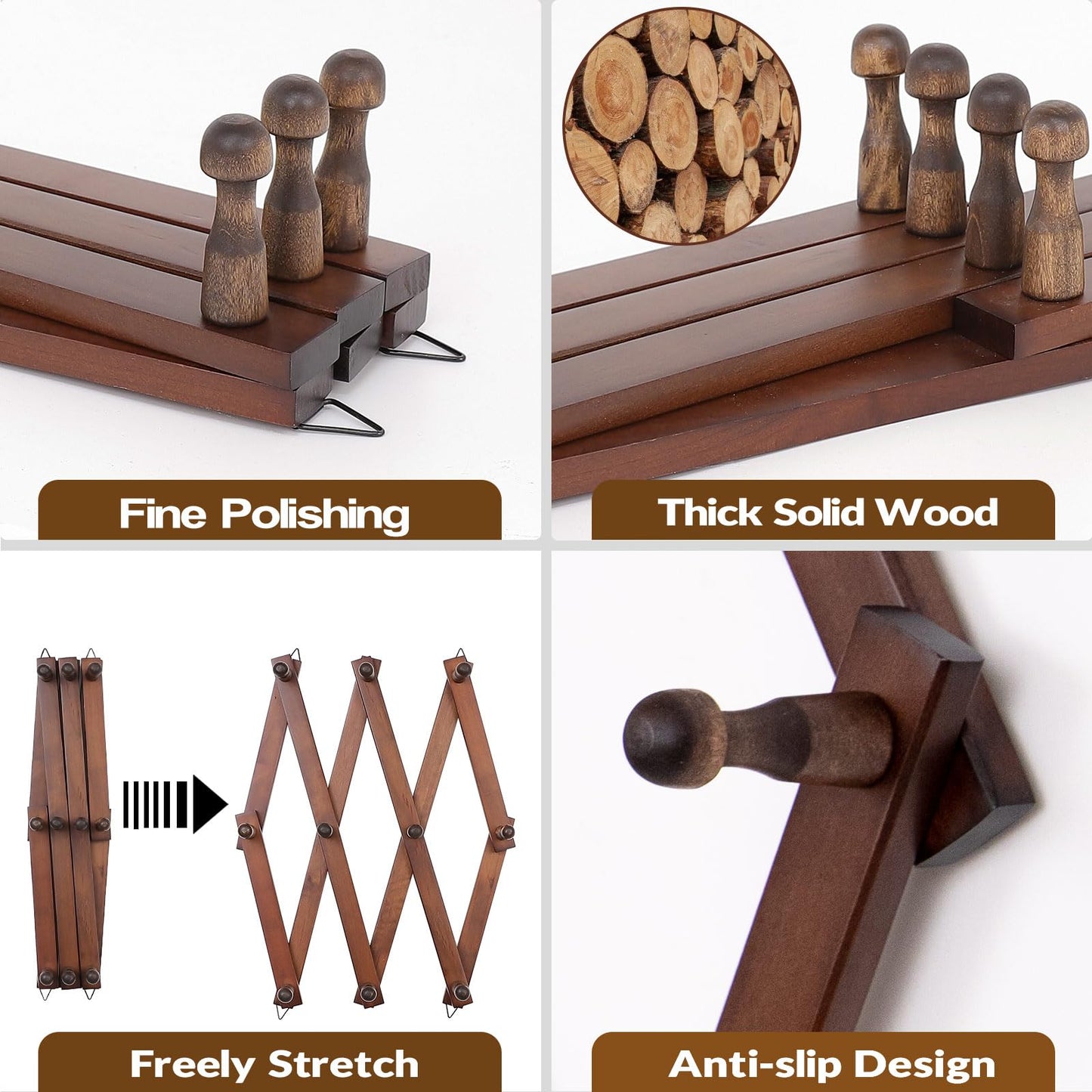 SCUNDA Wall Rack with 10 Hooks, Wooden Wall Expandable Coat Rack for Coat, Hats, Baseball Caps, Coffee Mug, Jewelry(Brown)