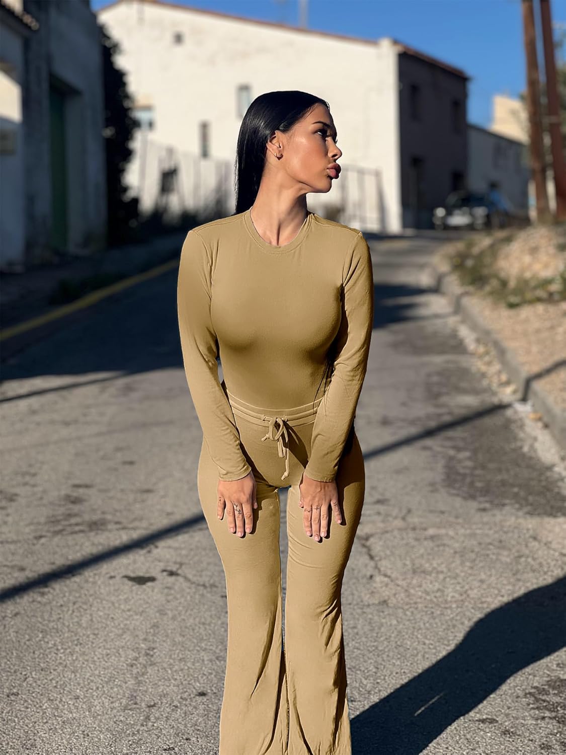 YEOREO Women's Two-Piece Lounge Set - Long Sleeve Top & Drawstring Wide Leg Pants | Ava Matching