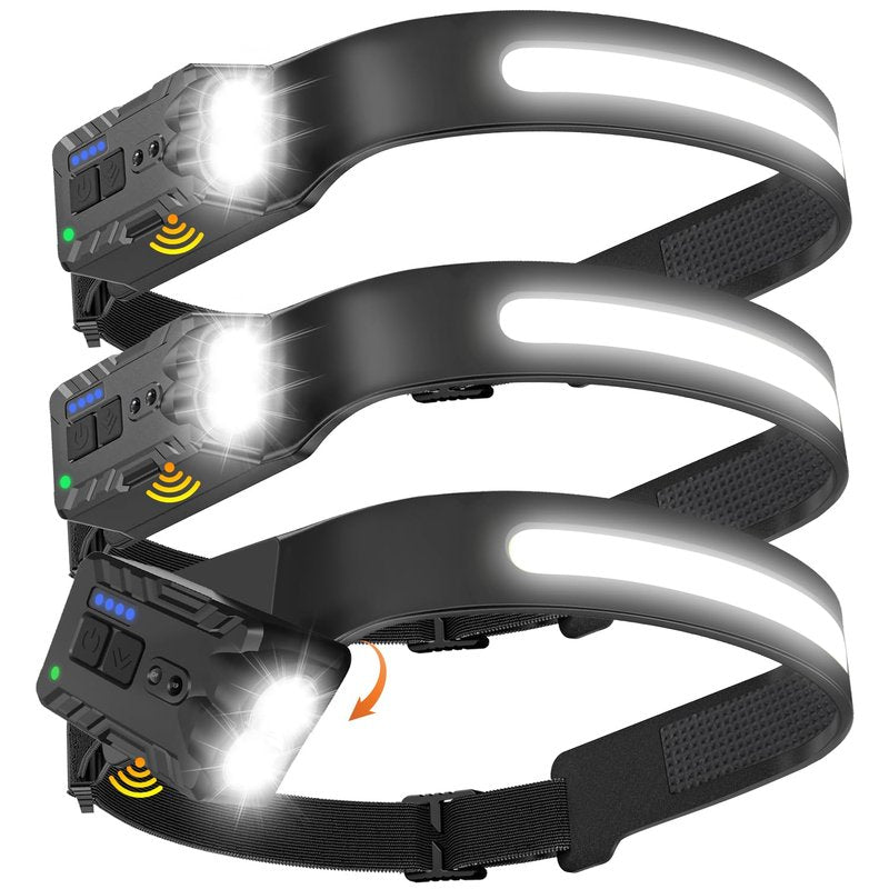Nessciera Rechargeable LED Headlamp 3-Pack (New Model 2026), 500 Lumens, 230° Wide Beam, USB-C — Rotating & Pivoting Lamp Head; Lightweight, Hard-Hat Ready for Camping, Running, Fishing & Repairs