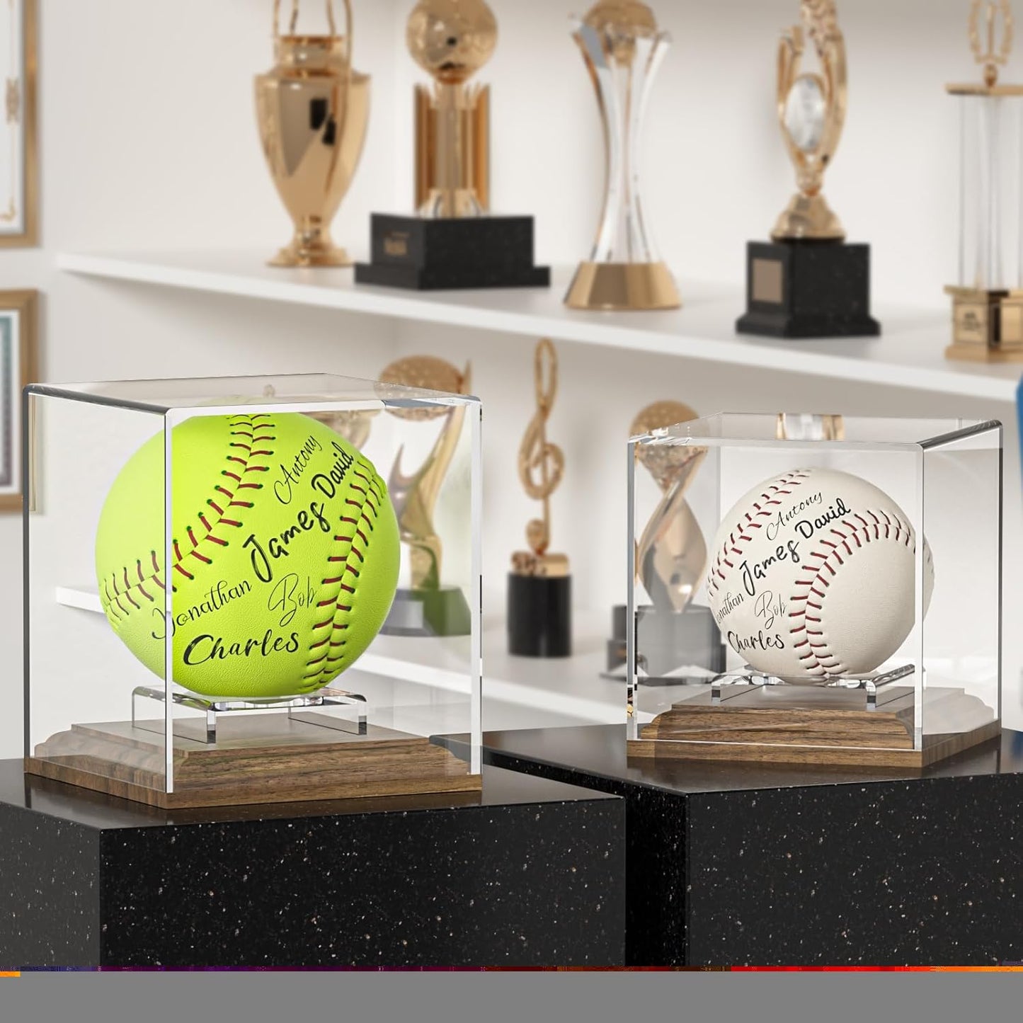 Skiennix Softball Display Case - Acrylic Holder with Walnut Wood Base for Official Size Balls