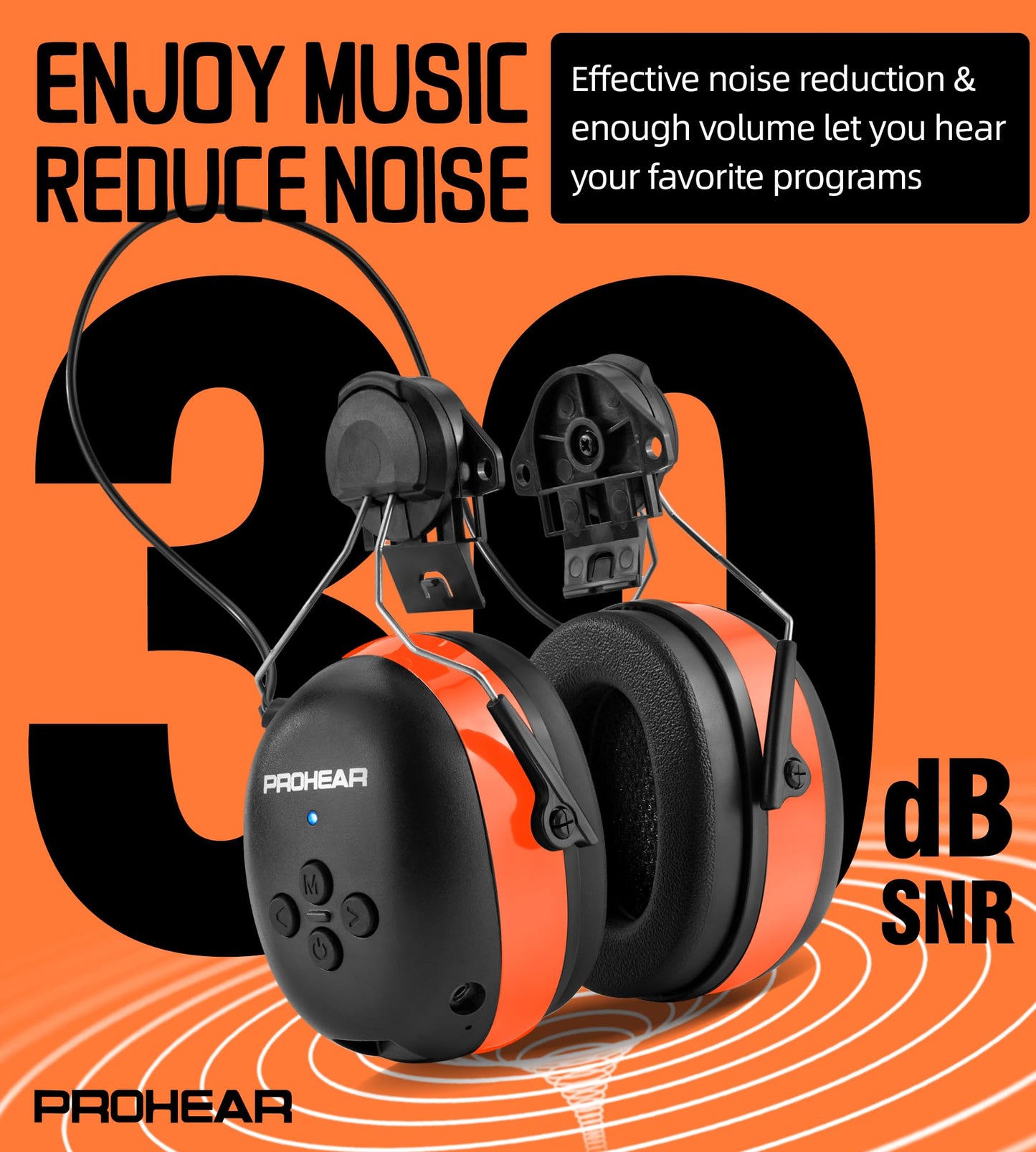 PROHEAR 037BR04 Bluetooth Hearing Protection with Adapter for 3M H-700 Hard Hats/DEWALT Hard Hat, 40H Playtime Safety Headphone for Construction Worker, Mowing - Orange