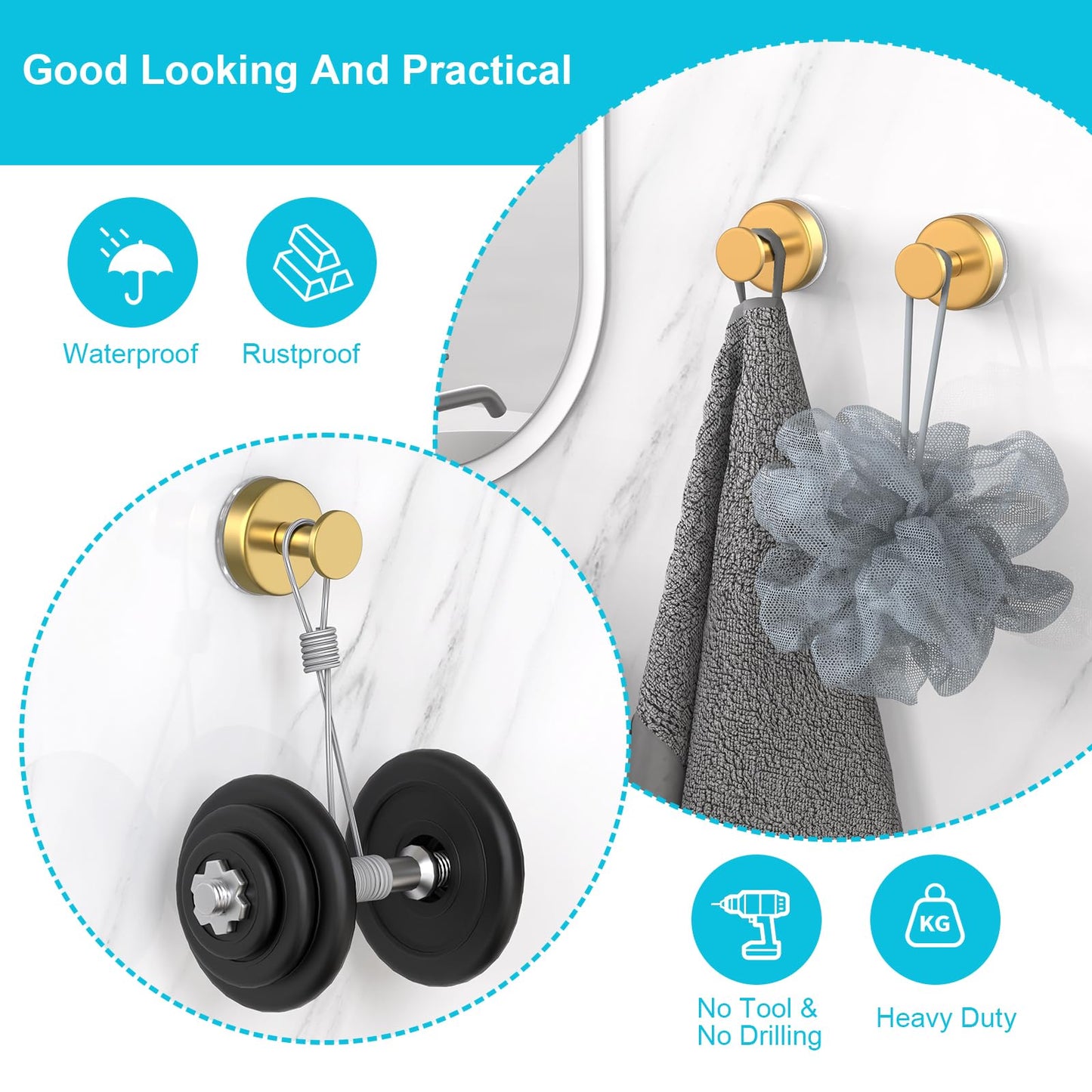 HUFEEOH Suction Cup Hooks for Shower, Suction Hooks Wall Hanger for Hanging, Removable Towel Holder for Bathroom, Kitchen, Glass Door, Mirror, Tile (2 Pack O Shape - Gold)