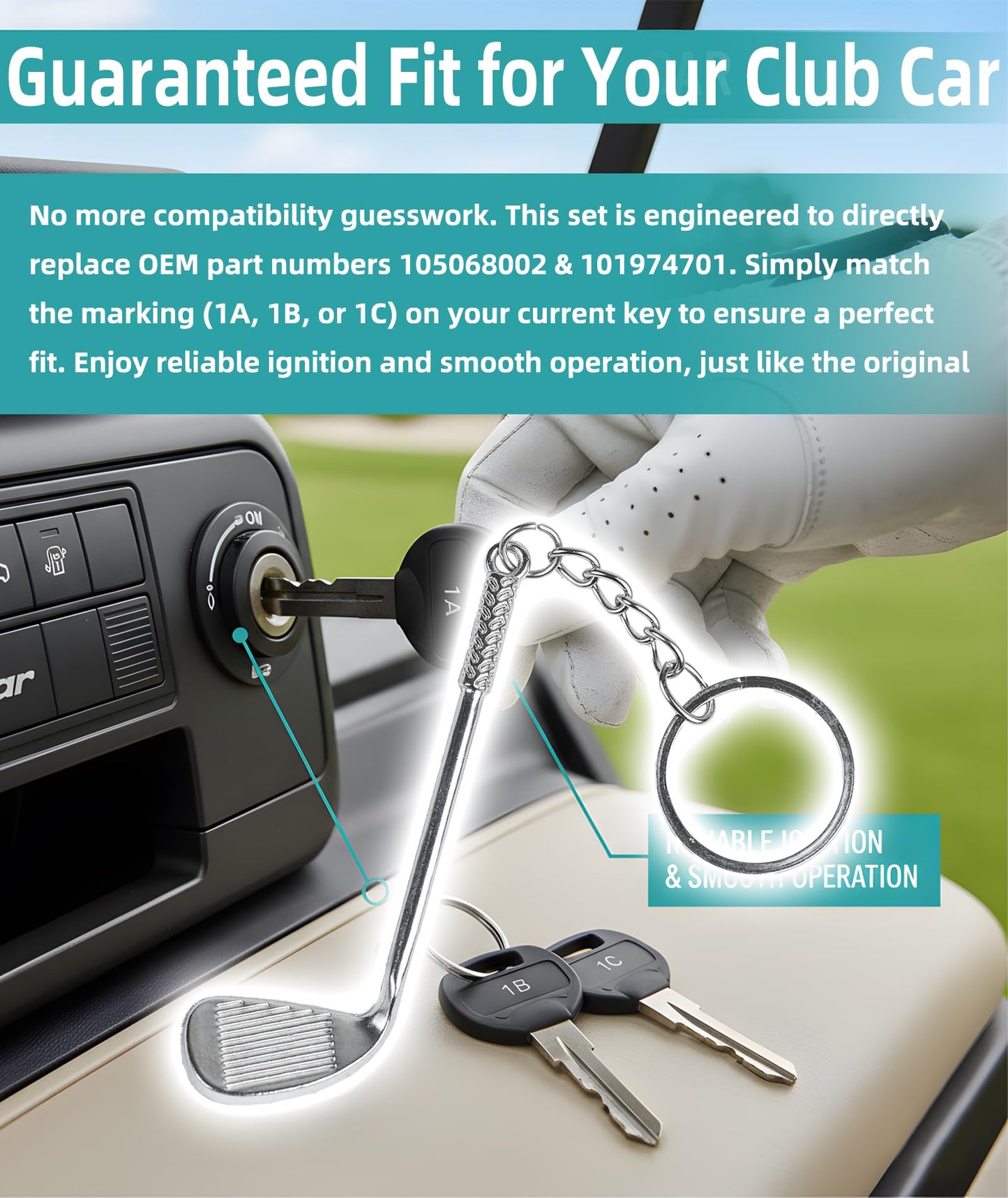 TELSOLAR Club Car Golf Cart Keys (1A,1B,1C) 4-Pack with Golf Club Keychain - Metal Driver Key Ring & Replacement for 105068002, 101974701 - Fits Carryall, Tempo, Onward