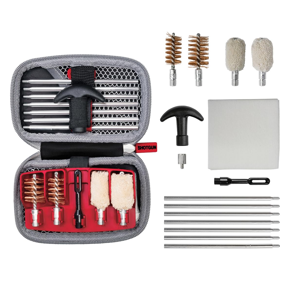 Real Avid Shotgun Cleaning Kit – Compact Cleaning Case for 12 and 20 Gauge with 7 Section Rod, Bronze Brushes, Mops, Bore Patch Tip, Thread Adaptor and 50 Patches - Trap & Hunting Maintenance Kit