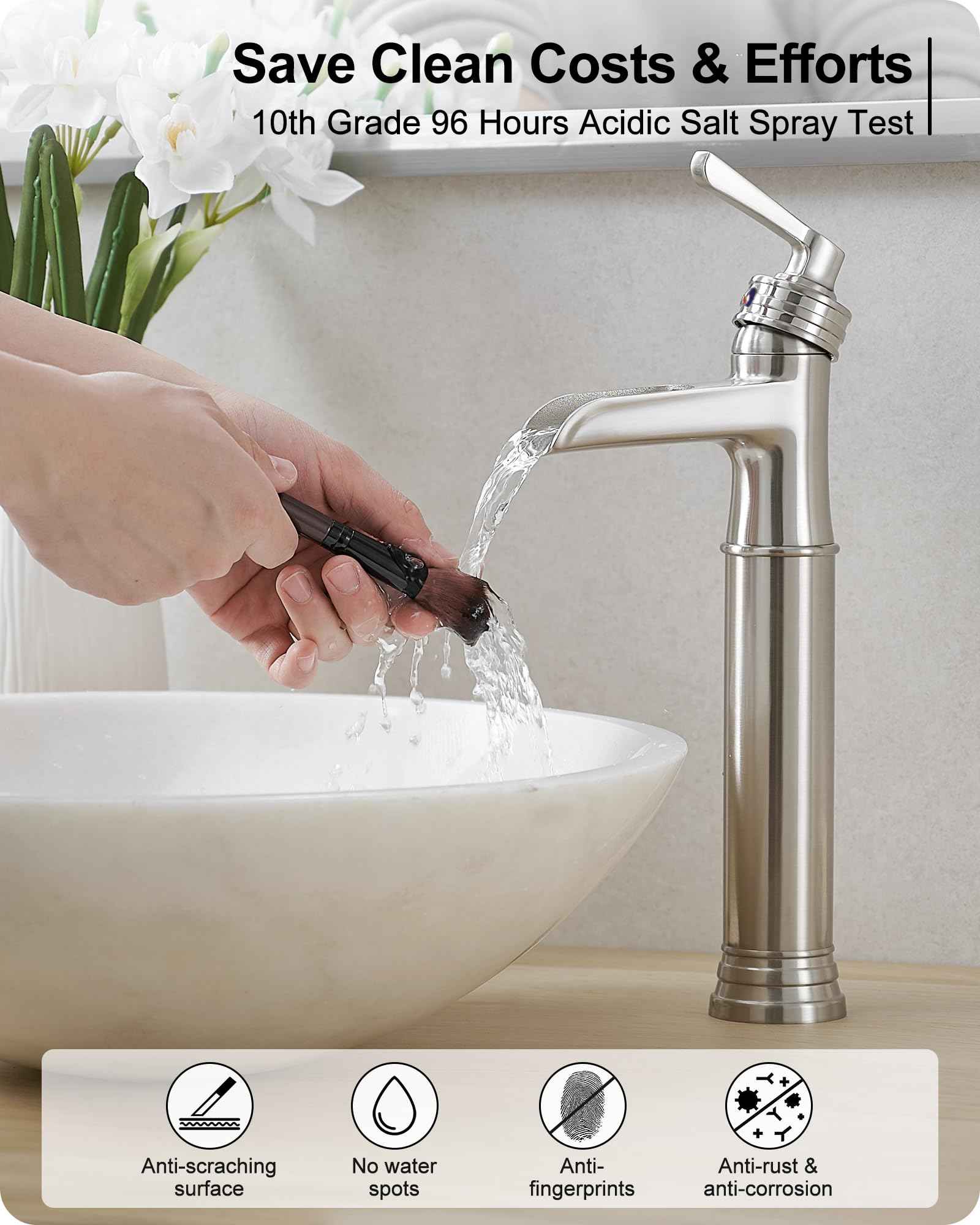 HEYMYTAP Brass Vessel Sink Faucet Brushed Nickel Waterfall Bathroom Faucet Tall 1 Hole, Single Handle with Pop-up Drain & Water Hoses for Bathroom Vanity Vessel Sink