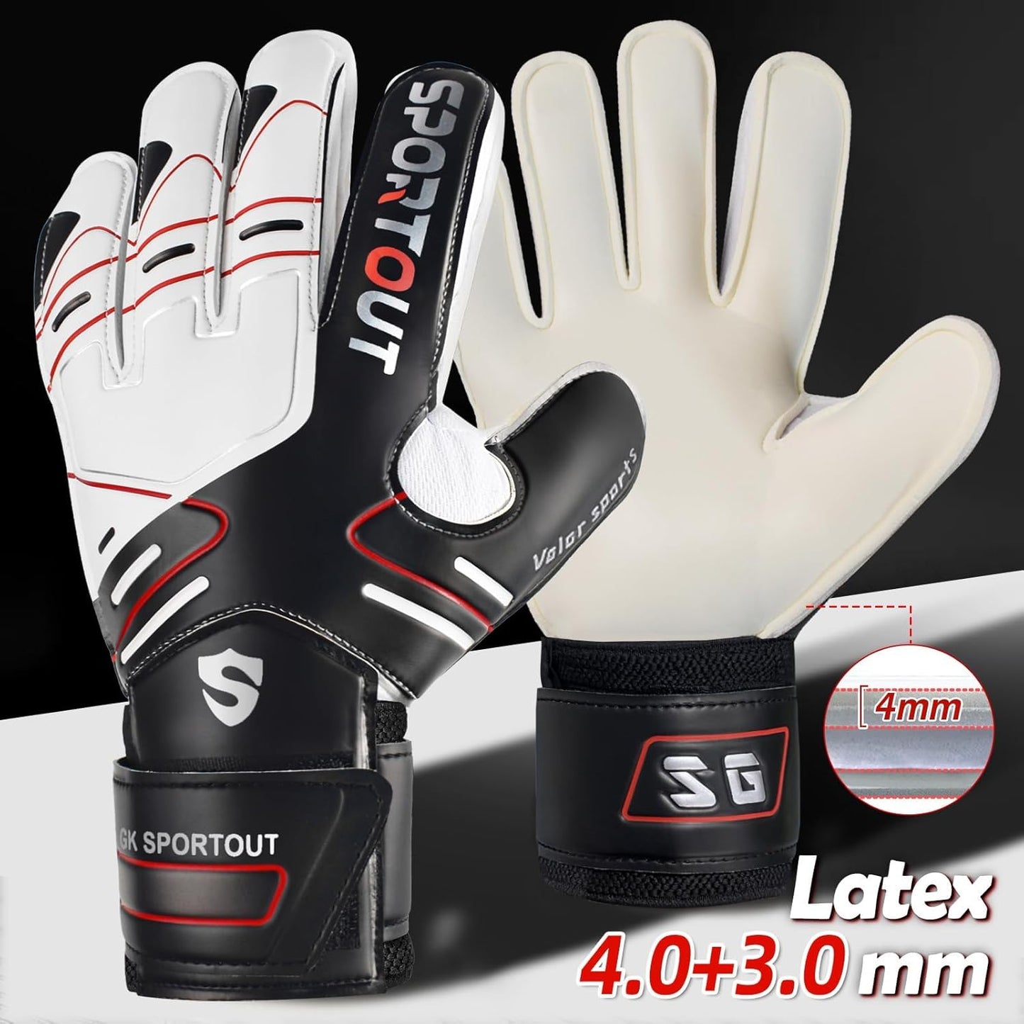 Sportout Goalie Gloves - Strong Grip for Ultimate Saves | Finger Protection & 4+3MM Latex | 4 Colors Available
