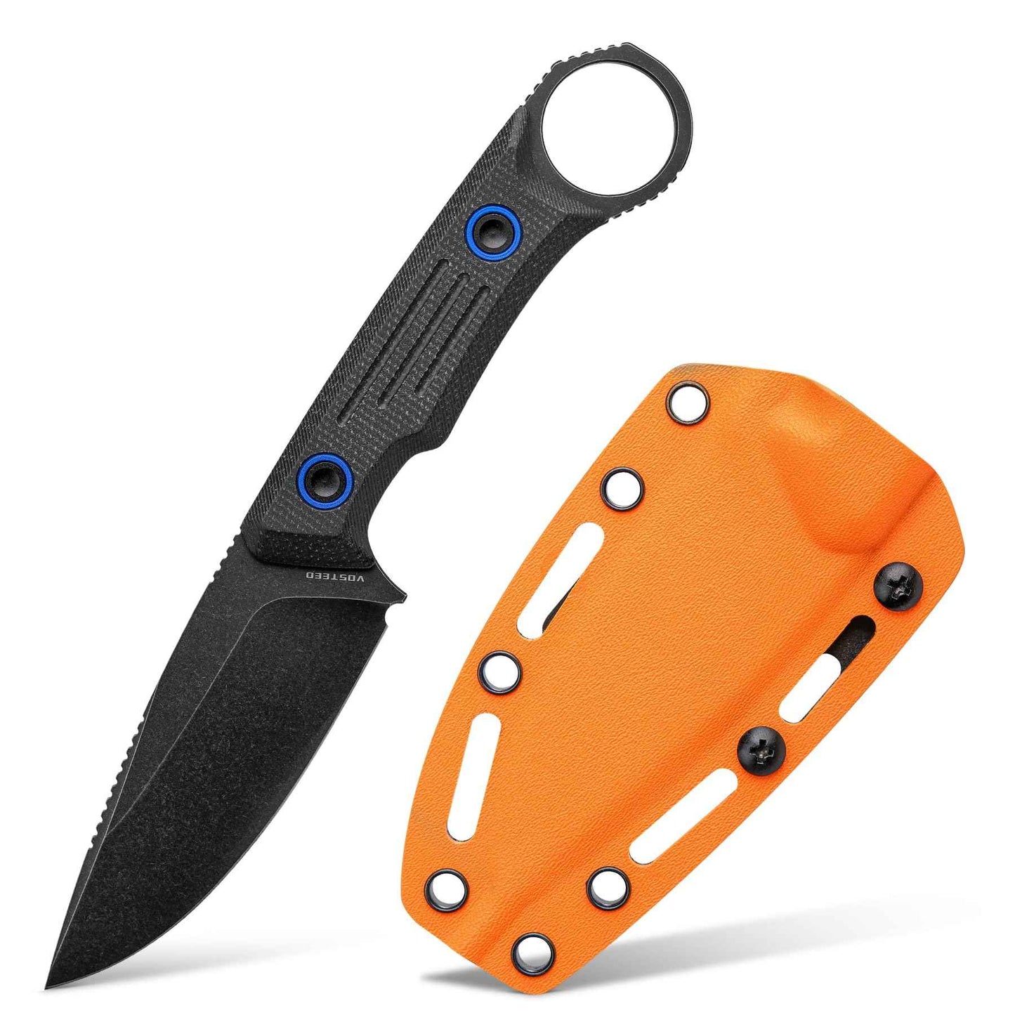 Vosteed Full Back Series EDC Fixed Blade Knife - 3.48" Nitro-V Steel Blade with Sheath, Black Micarta Handle with Finger Loop - Camping Hiking Knives - D0301