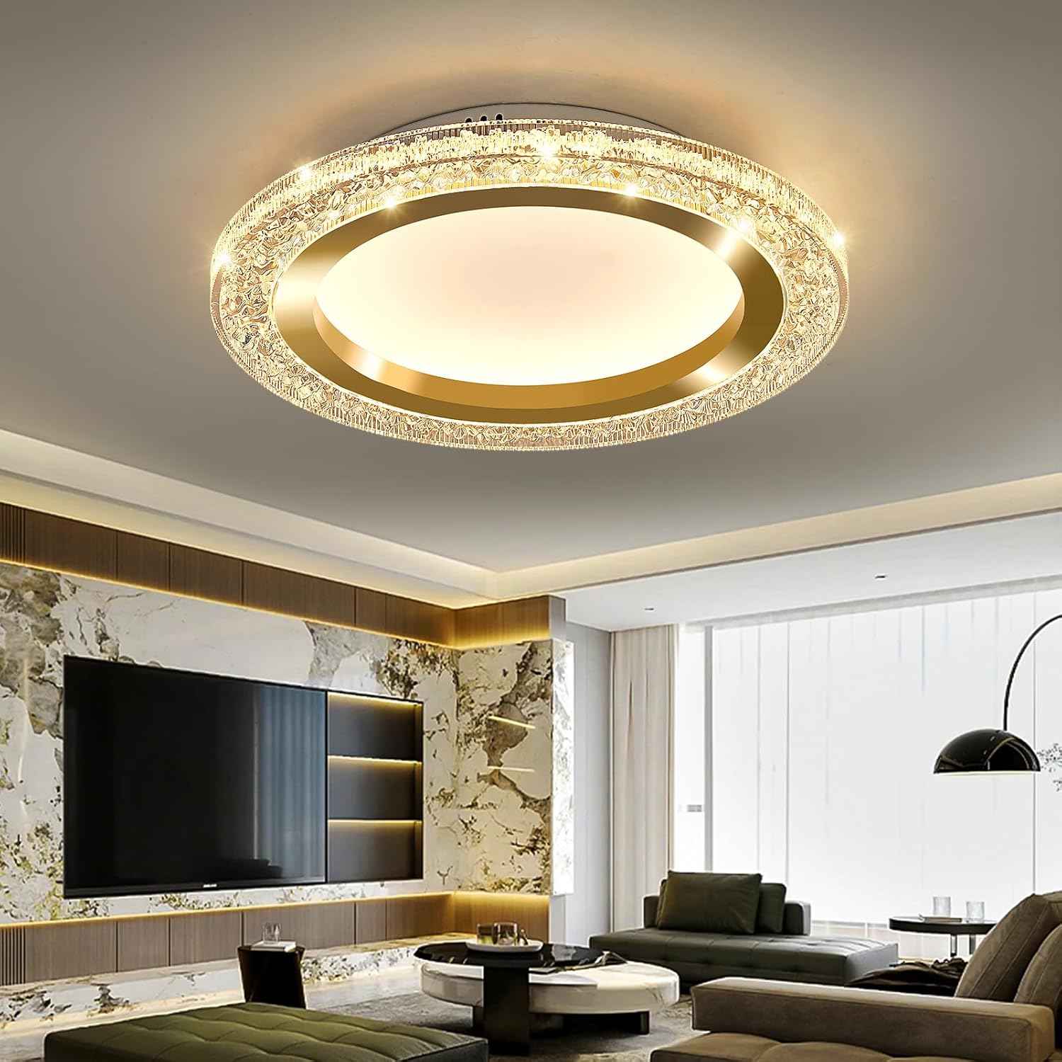 28W Gold LED Flush Mount Ceiling Light - 12" Modern Round Fixture for Bedroom, Kitchen, Bathroom