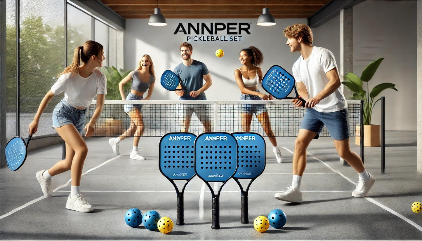 ANNPER Pickleball Paddle Set - 2 Carbon Fiber Blue Paddles, 4 Outdoor Balls | Lightweight & Durable for Beginners & Advanced Players | Premium Performance Gear(CarbonFiber Blue)