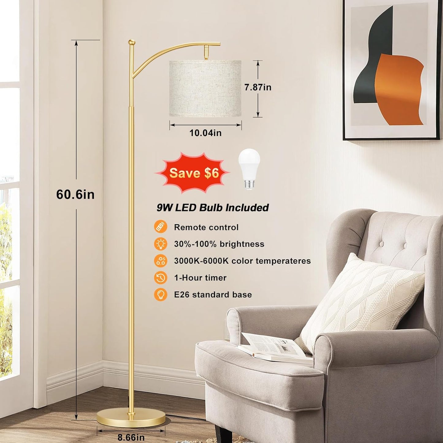 Modern 60" Floor Lamp with Remote Control & Dimmable LED Bulb - Beige Shade, Adjustable Brightness for Living Room