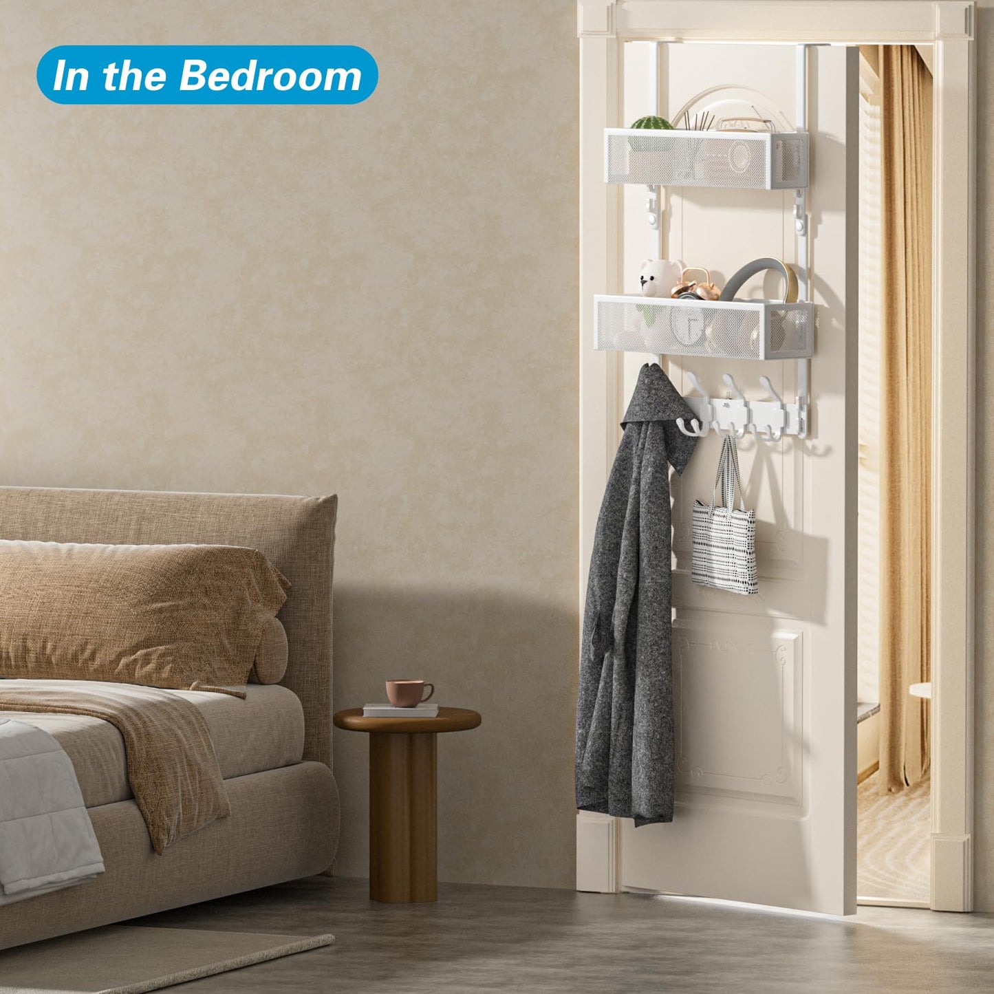 Aimeaihe Over The Door Hooks Organizer, Door Hanger Towel Rack with 2 Baskets, Adjustable Over The Door Coat Rack, Back of Door Storage for Bedroom, Kitchen, Bathroom (White)